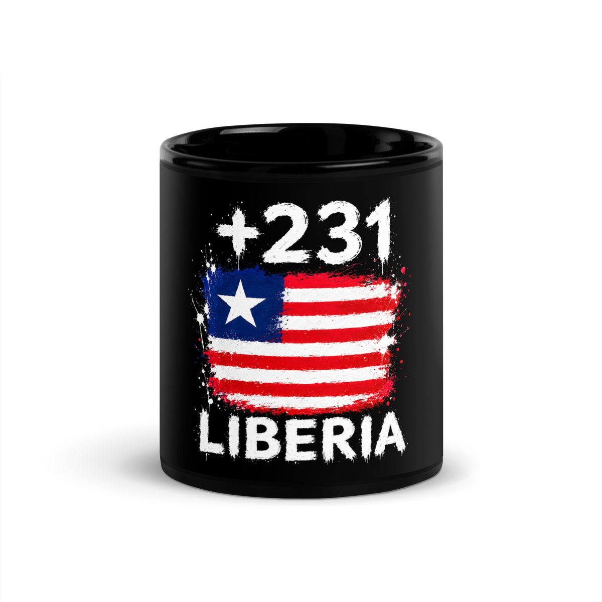 Mug Liberia +231 noir, design drapeau libérien de face