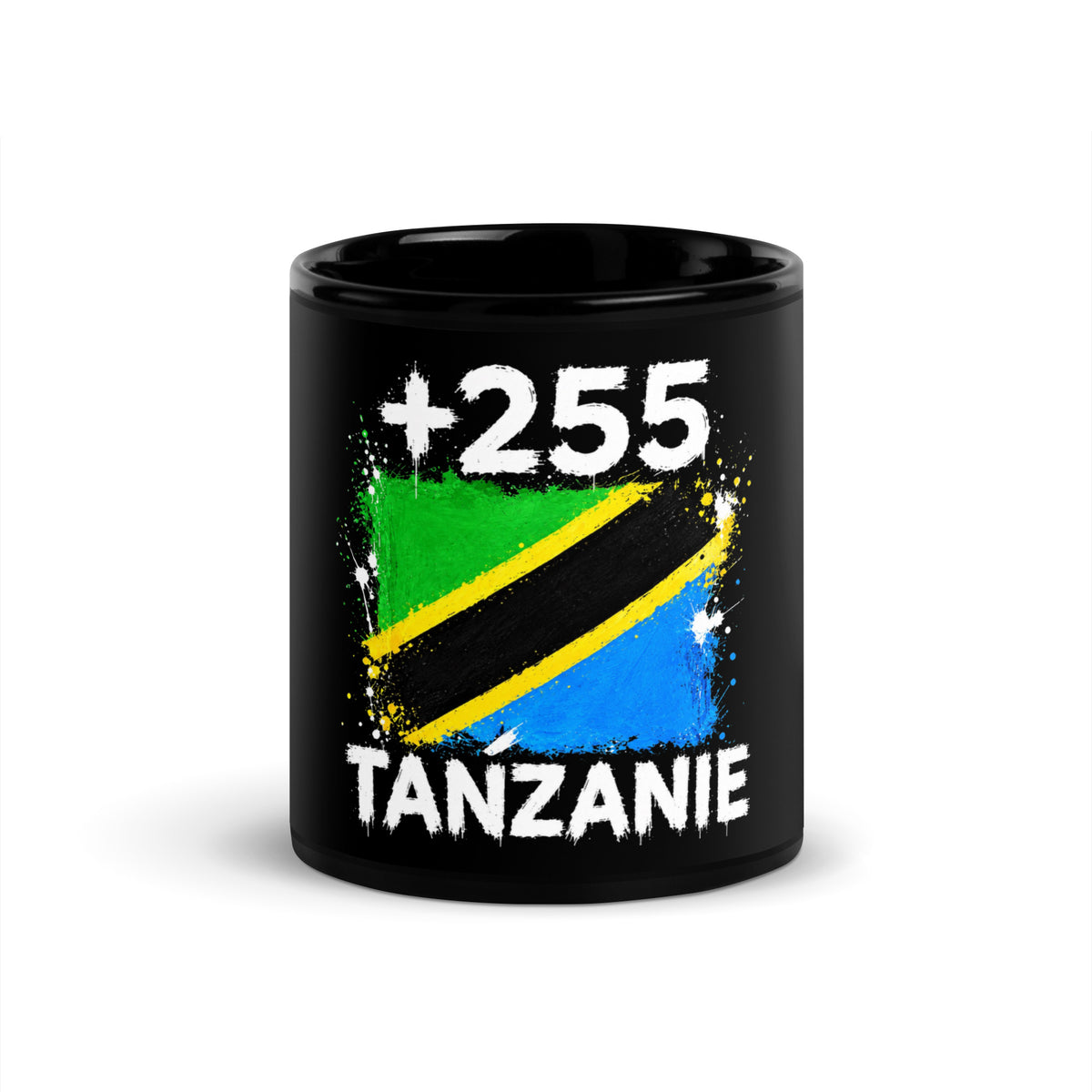 Mug Tanzanie +255 noir vue de face, design drapeau tanzanien