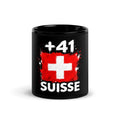 Mug Suisse +41 noir vue de face, design drapeau suisse