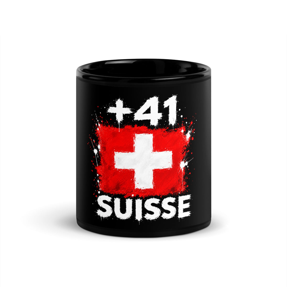 Mug Suisse +41 noir vue de face, design drapeau suisse