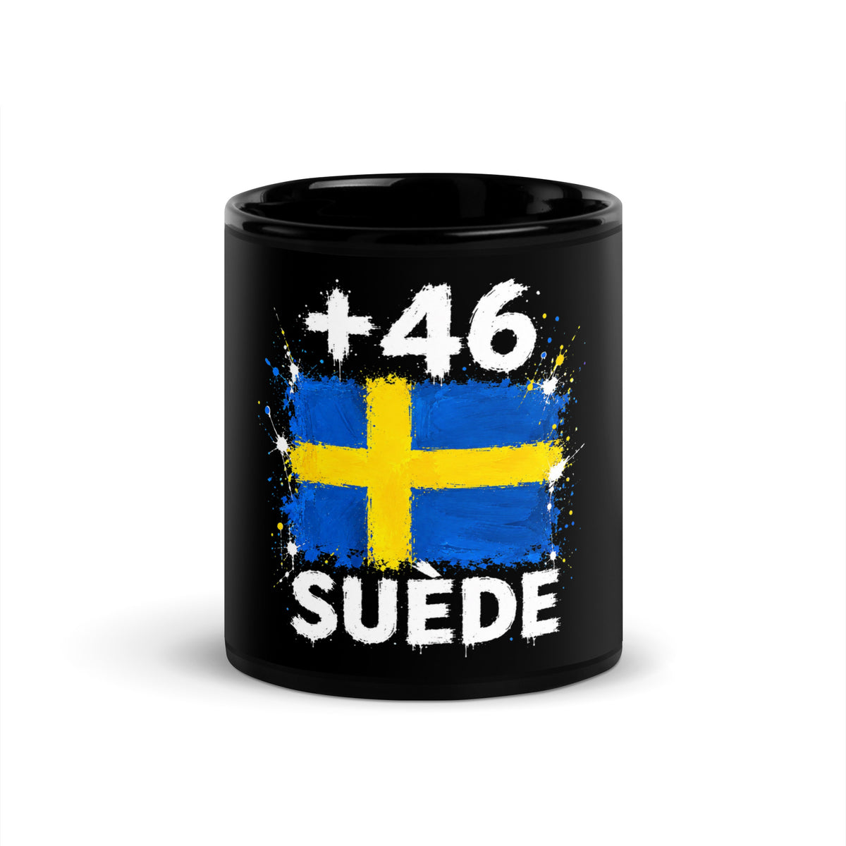 Mug Suède +46 - Noir, design drapeau suédois, vue de face - Indicatif Fier
