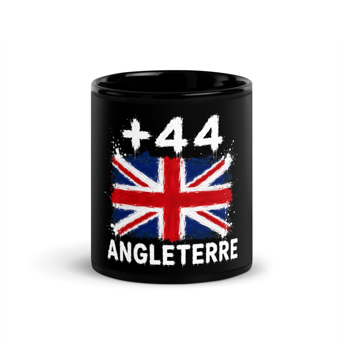Mug Angleterre +44 - Noir avec drapeau floqué effet éclaboussure de peinture - vue de face - Indicatif Fier