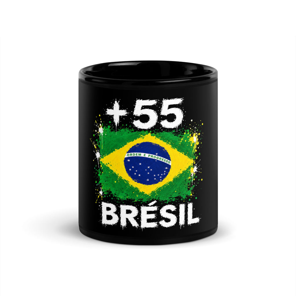 Mug Brésil +55 vue de face (11 oz), design drapeau brésilien