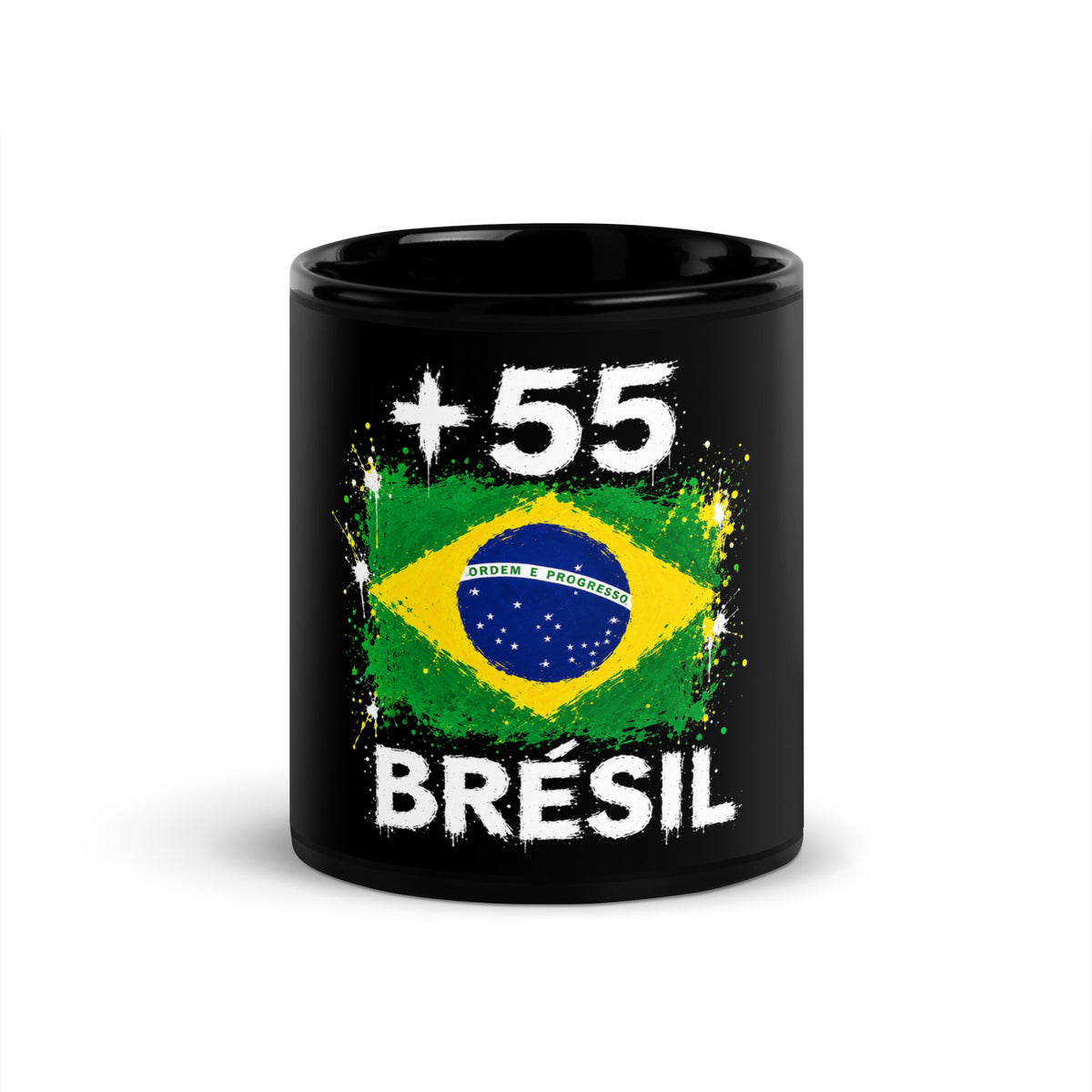 Mug Brésil +55 vue de face (11 oz), design drapeau brésilien