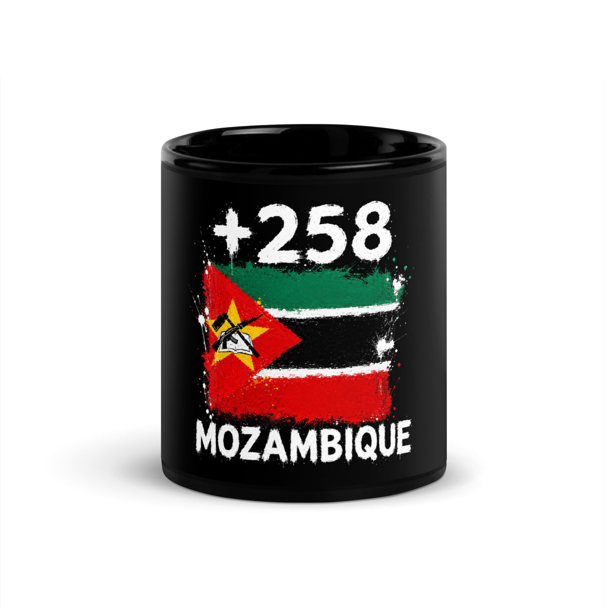 Mug Mozambique +258 vue de face (11 oz), design drapeau mozambicain