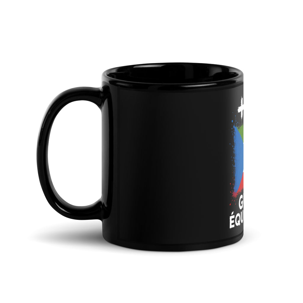 Mug Guinée Équatoriale +240 - Noir avec drapeau floqué effet éclaboussure de peinture - vue anse à gauche - Indicatif Fier