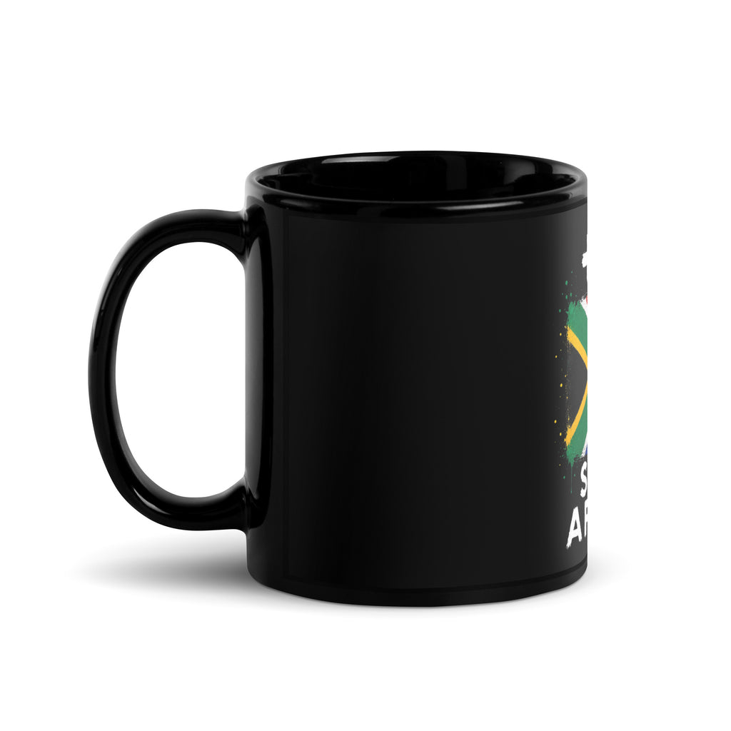 Mug Afrique du Sud +27 - Noir avec drapeau floqué effet éclaboussure de peinture - vue anse à gauche - Indicatif Fier
