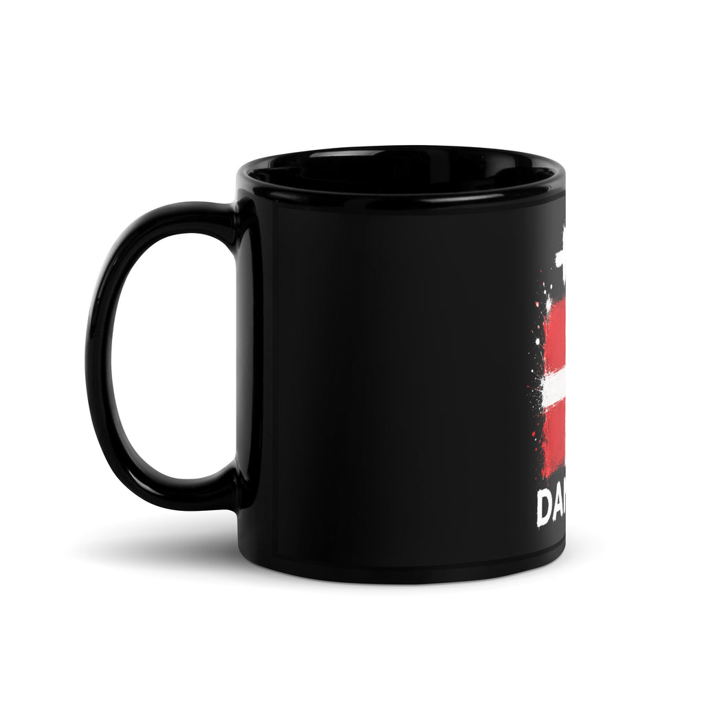 Mug Danemark +45 - Noir avec drapeau floqué effet éclaboussure de peinture - vue anse à gauche - Indicatif Fier