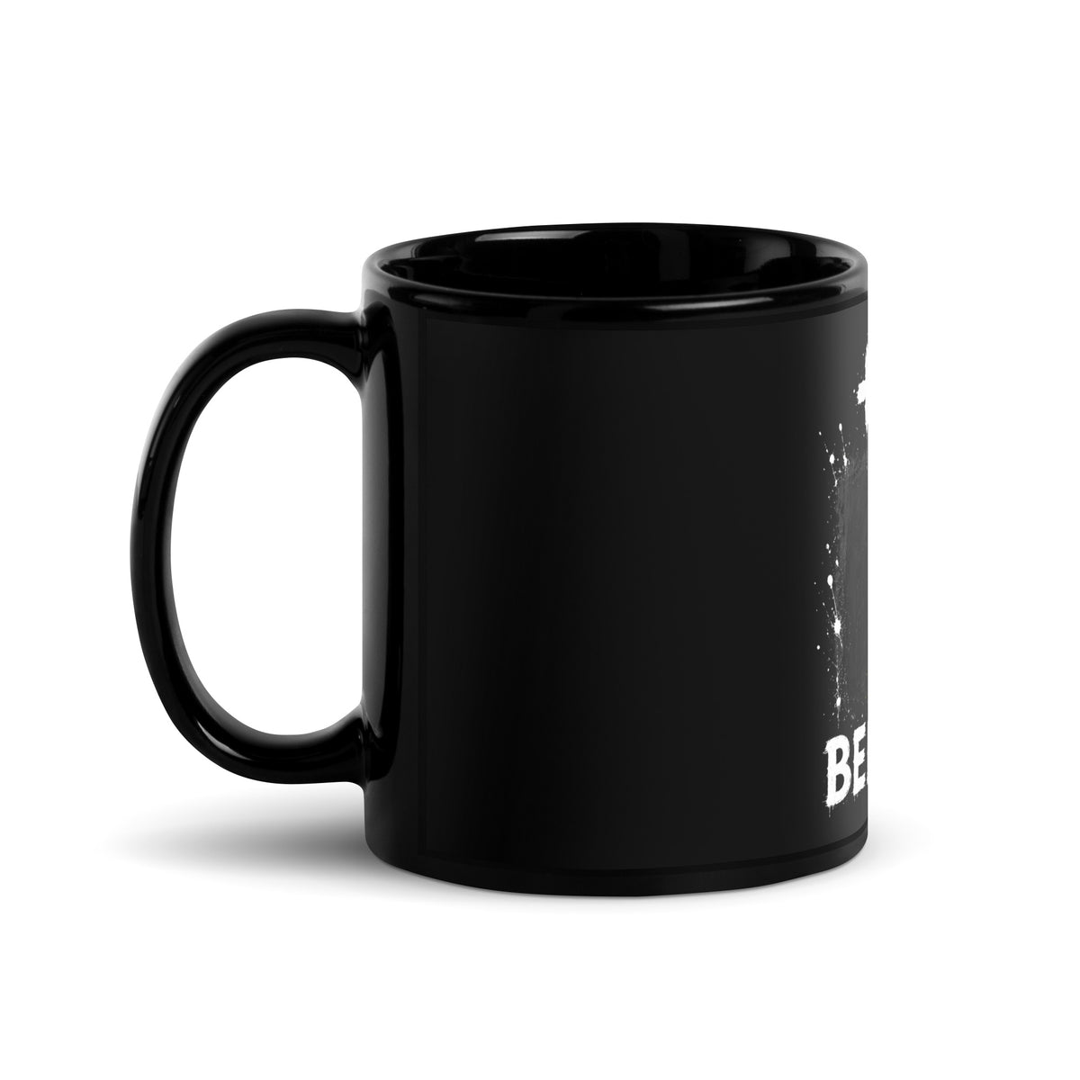 Mug Belgique +32 - Noir avec drapeau floqué effet éclaboussure de peinture - vue anse à gauche - Indicatif Fier