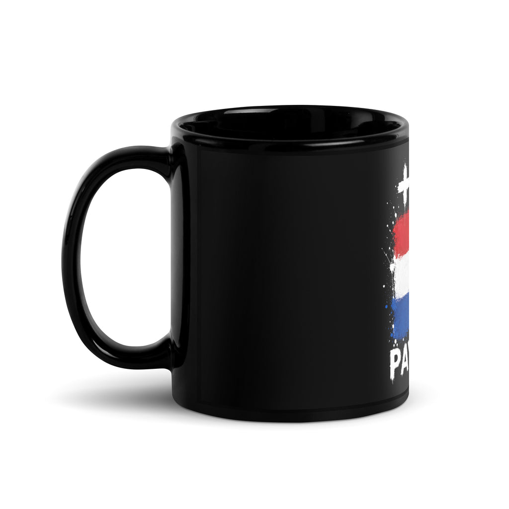 Mug Pays Bas +31 - Noir avec drapeau floqué effet éclaboussure de peinture - vue anse à gauche - Indicatif Fier