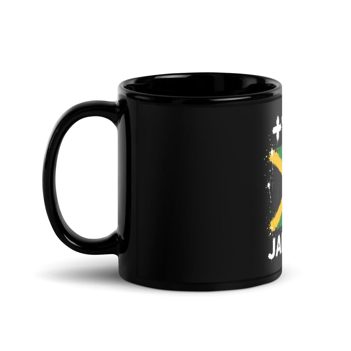 Mug Jamaïque +1876 - Noir avec drapeau floqué effet éclaboussure de peinture - vue anse à gauche - Indicatif Fier