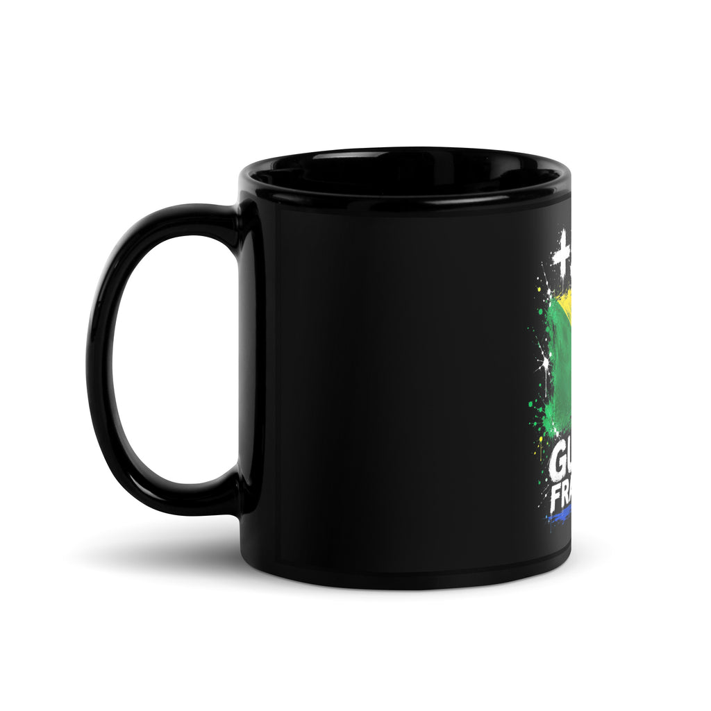 Mug Guyane +594 - Noir avec drapeau floqué effet éclaboussure de peinture - vue anse à gauche - Indicatif Fier