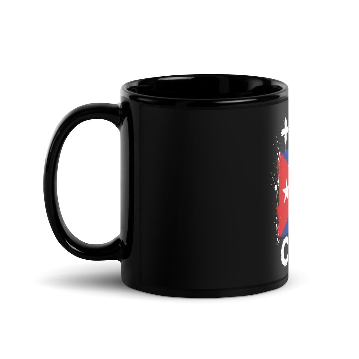 Mug Cuba +53 - Noir avec drapeau floqué effet éclaboussure de peinture - vue anse à gauche - Indicatif Fier