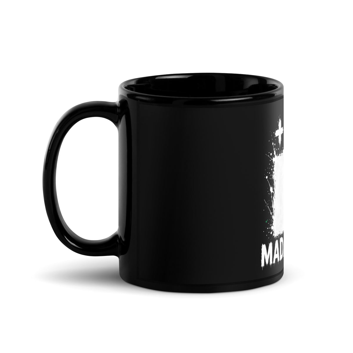 Mug Madagascar +261 - Noir avec drapeau floqué effet éclaboussure de peinture - vue anse à gauche - Indicatif Fier