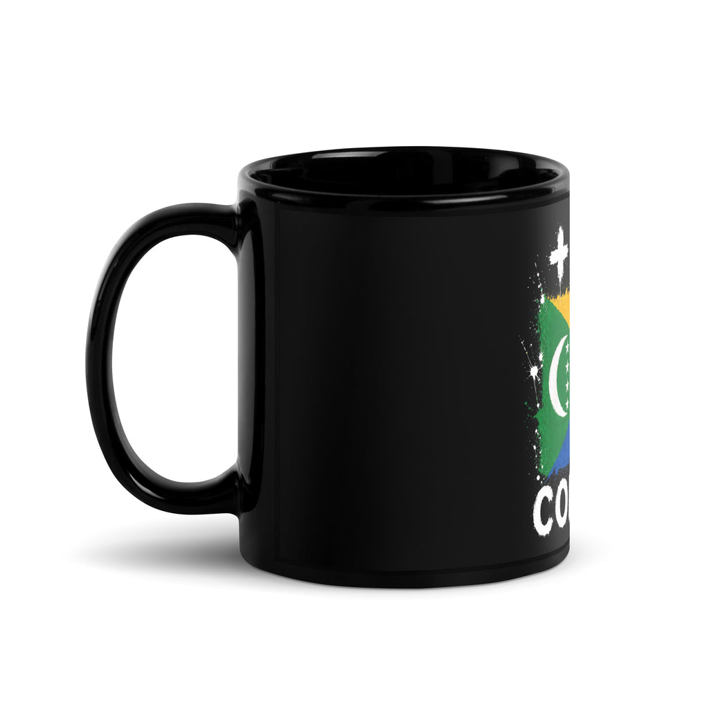 Mug Comores +269 - Noir avec drapeau floqué effet éclaboussure de peinture - vue anse à gauche - Indicatif Fier