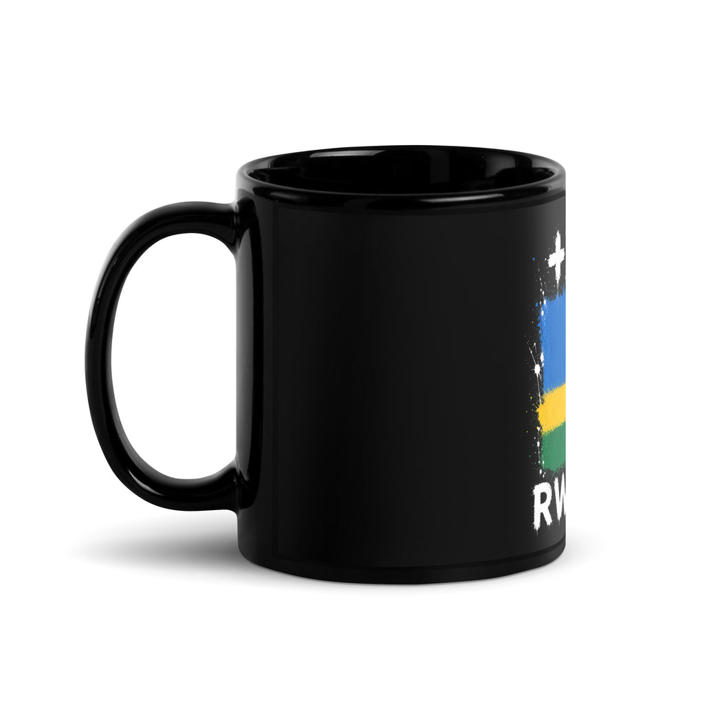 Mug Rwanda +250 - Noir avec drapeau floqué effet éclaboussure de peinture - vue anse à gauche - Indicatif Fier