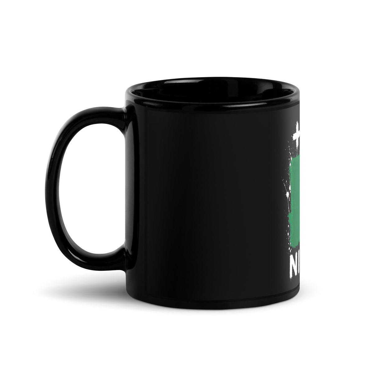 Mug Nigeria +234 - Noir avec drapeau floqué effet éclaboussure de peinture - vue anse à gauche - Indicatif Fier
