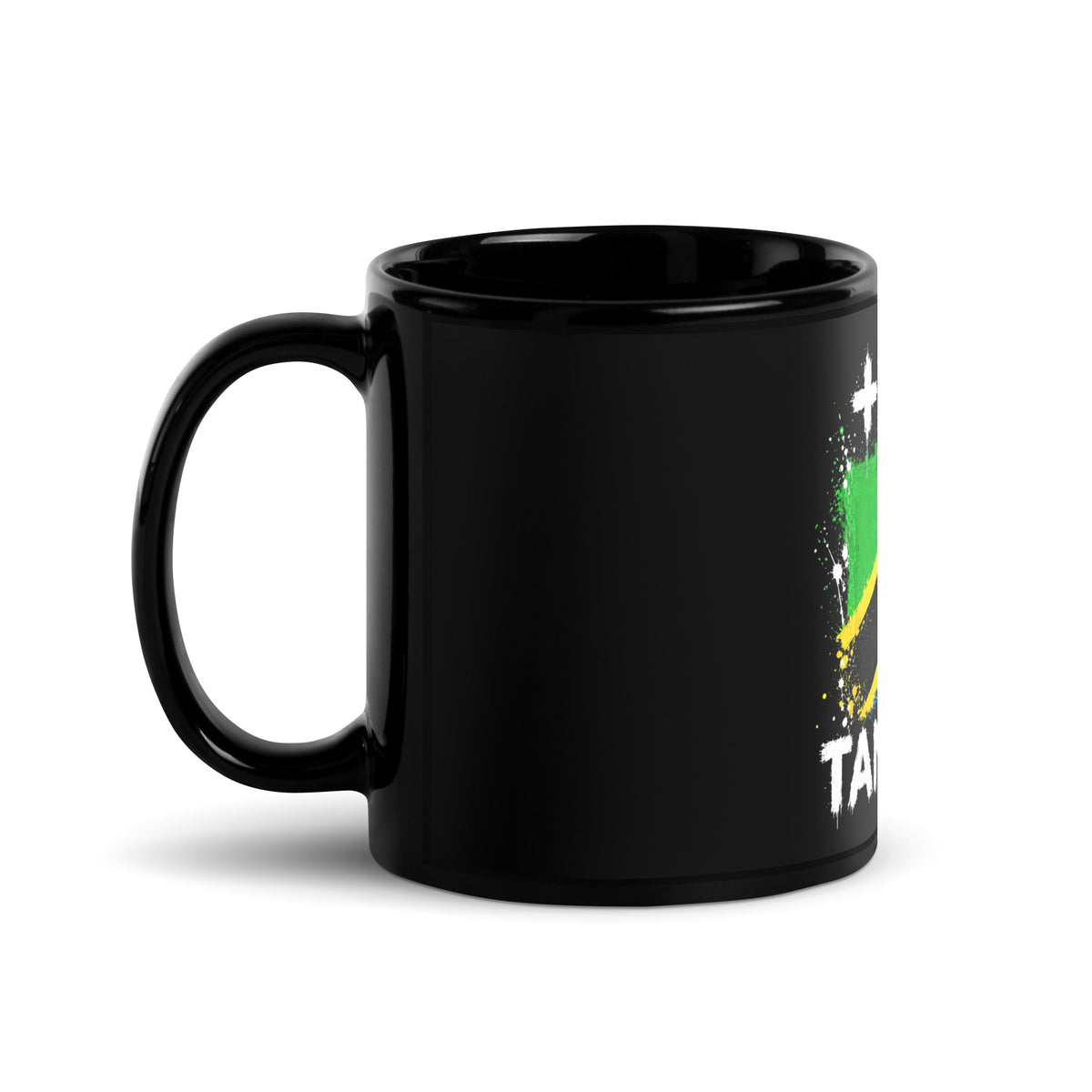 Mug Tanzanie +255 - Noir avec drapeau floqué effet éclaboussure de peinture - vue anse à gauche - Indicatif Fier