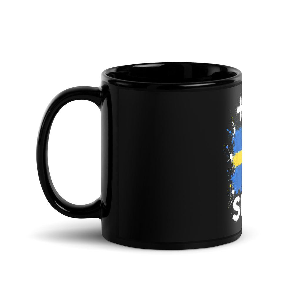 Mug Suède +46 - Noir avec drapeau floqué effet éclaboussure de peinture - vue anse à gauche - Indicatif Fier