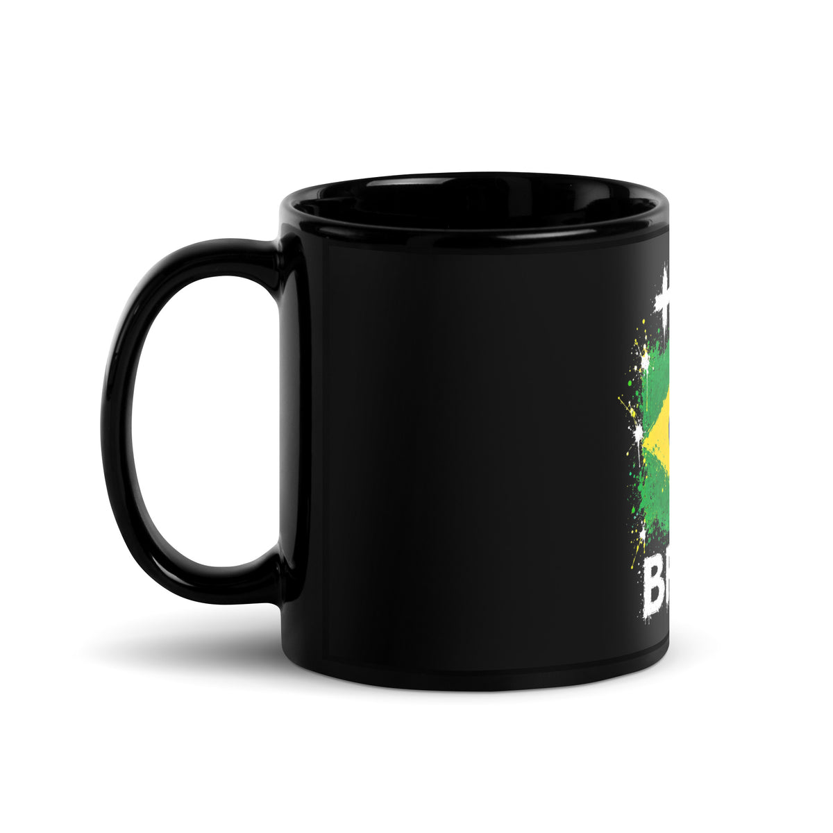 Mug Brésil +55 - Noir avec drapeau floqué effet éclaboussure de peinture - vue anse à gauche (11 oz) - Indicatif Fier