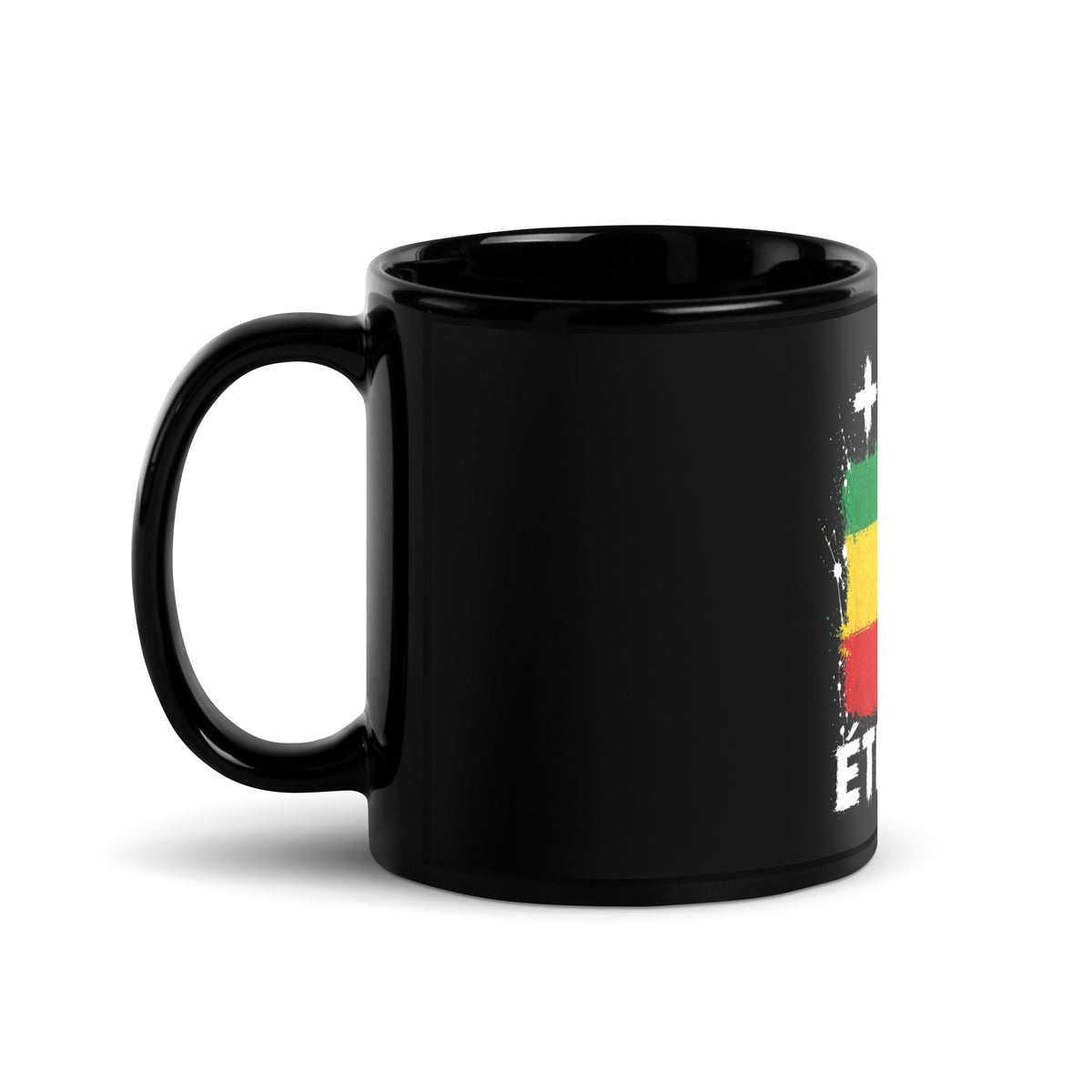 Mug Éthiopie +251 - Noir avec drapeau floqué effet éclaboussure de peinture - vue anse à gauche - Indicatif Fier (11 oz)