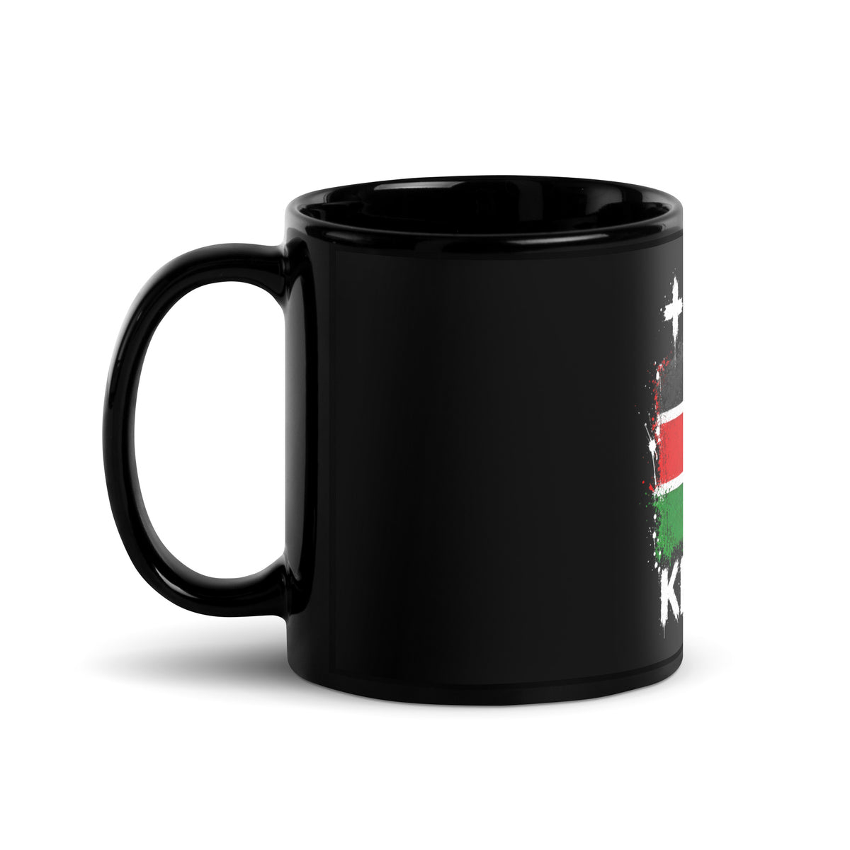 Mug Kenya +254 - Noir avec drapeau floqué effet éclaboussure de peinture - vue anse à gauche - Indicatif Fier (11 oz)
