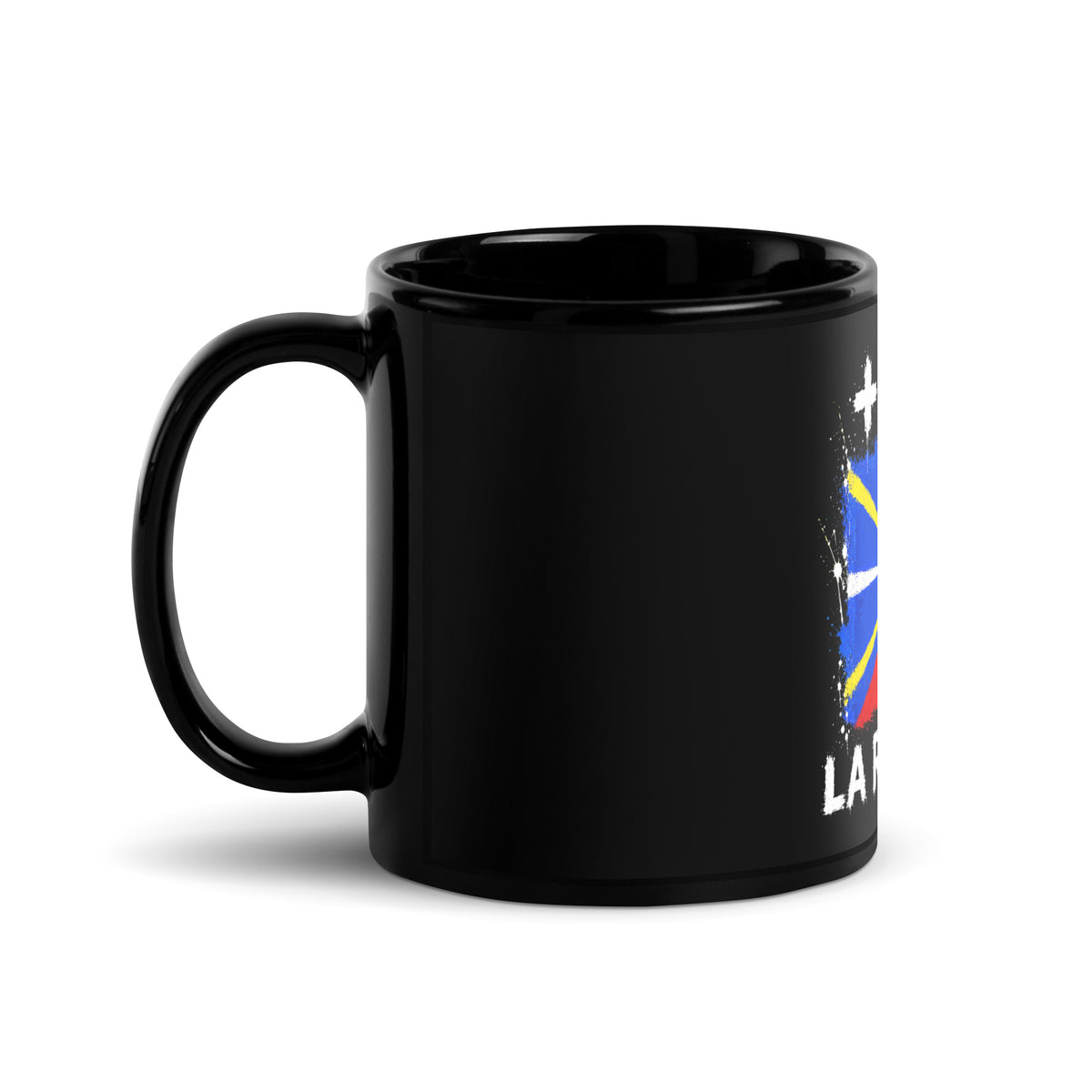 Mug La Réunion +262 - Noir avec drapeau floqué effet éclaboussure de peinture - vue anse à gauche - Indicatif Fier (11 oz)