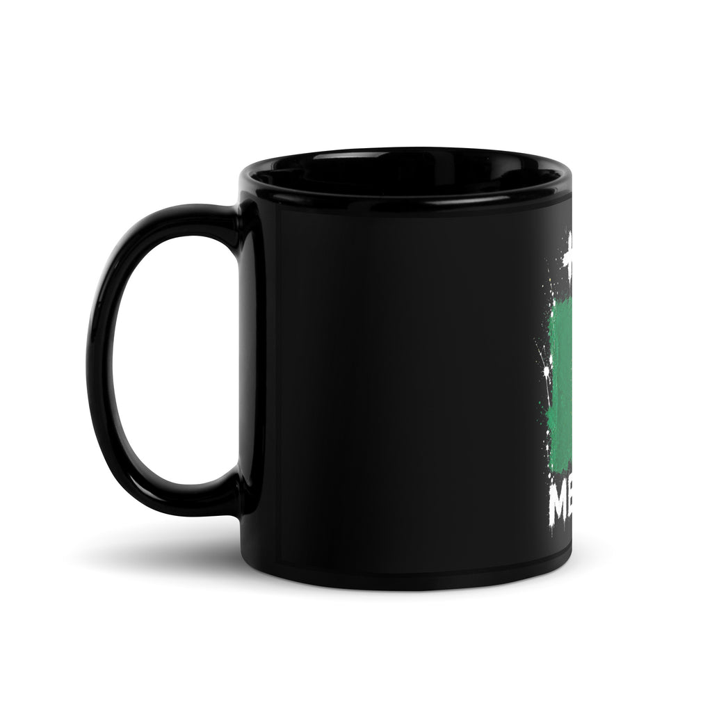 Mug Mexique +52 - Noir avec drapeau floqué effet éclaboussure de peinture - vue anse à gauche - Indicatif Fier (11 oz)