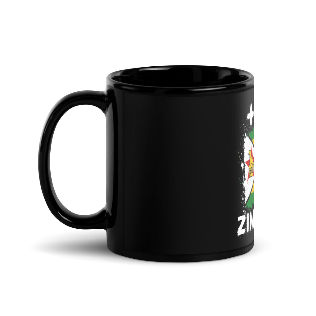 Mug Zimbabwe +263 - Noir avec drapeau floqué effet éclaboussure de peinture - vue anse à gauche - Indicatif Fier (11 oz)