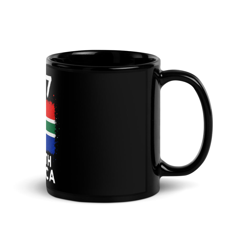 Mug Afrique du Sud +27 - Noir avec drapeau floqué effet éclaboussure de peinture - vue anse à droite - Indicatif Fier