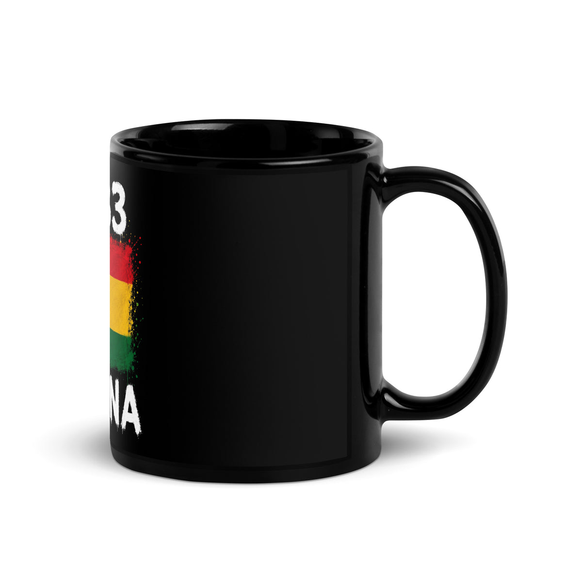 Mug Ghana +233 - Noir avec drapeau floqué effet éclaboussure de peinture - vue anse à droite - Indicatif Fier