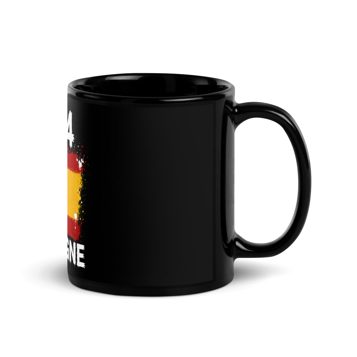 Mug Espagne +34 - Noir avec drapeau floqué effet éclaboussure de peinture - vue anse à droite - Indicatif Fier