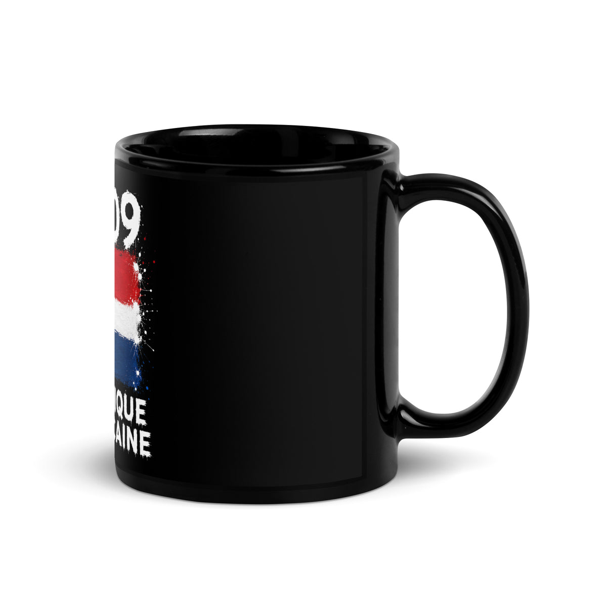 Mug République Dominicaine +1809 - Noir avec drapeau floqué effet éclaboussure de peinture - vue anse à droite - Indicatif Fier