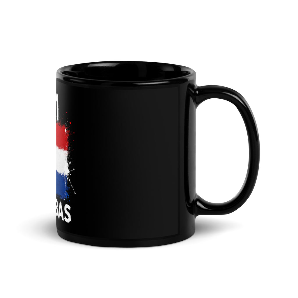 Mug Pays Bas +31 - Noir avec drapeau floqué effet éclaboussure de peinture - vue anse à droite - Indicatif Fier