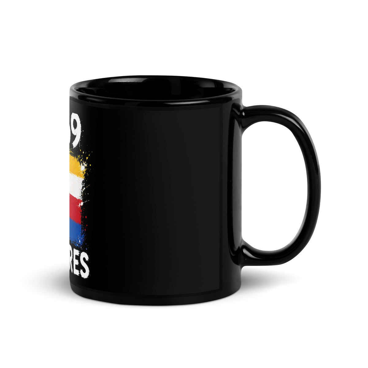 Mug Comores +269 - Noir avec drapeau floqué effet éclaboussure de peinture - vue anse à droite - Indicatif Fier