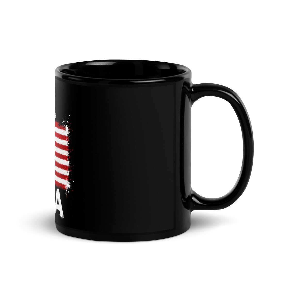 Mug USA +1 - Noir avec drapeau floqué effet éclaboussure de peinture - vue anse à droite - Indicatif Fier