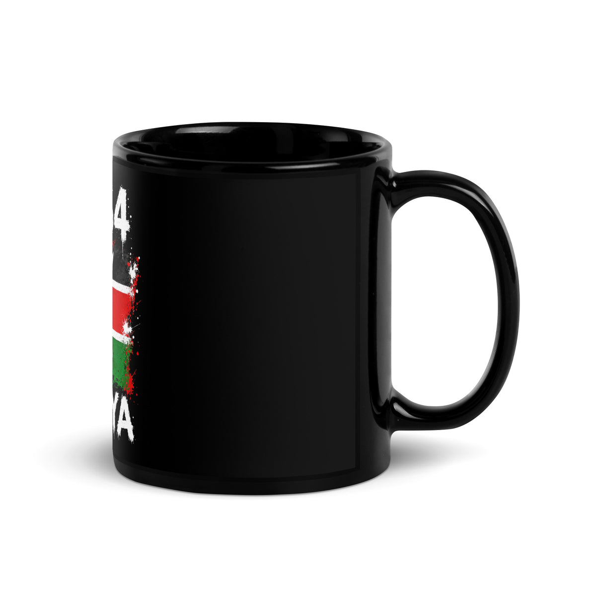 Mug Kenya +254 - Noir avec drapeau floqué effet éclaboussure de peinture - vue anse à droite - Indicatif Fier (11 oz)