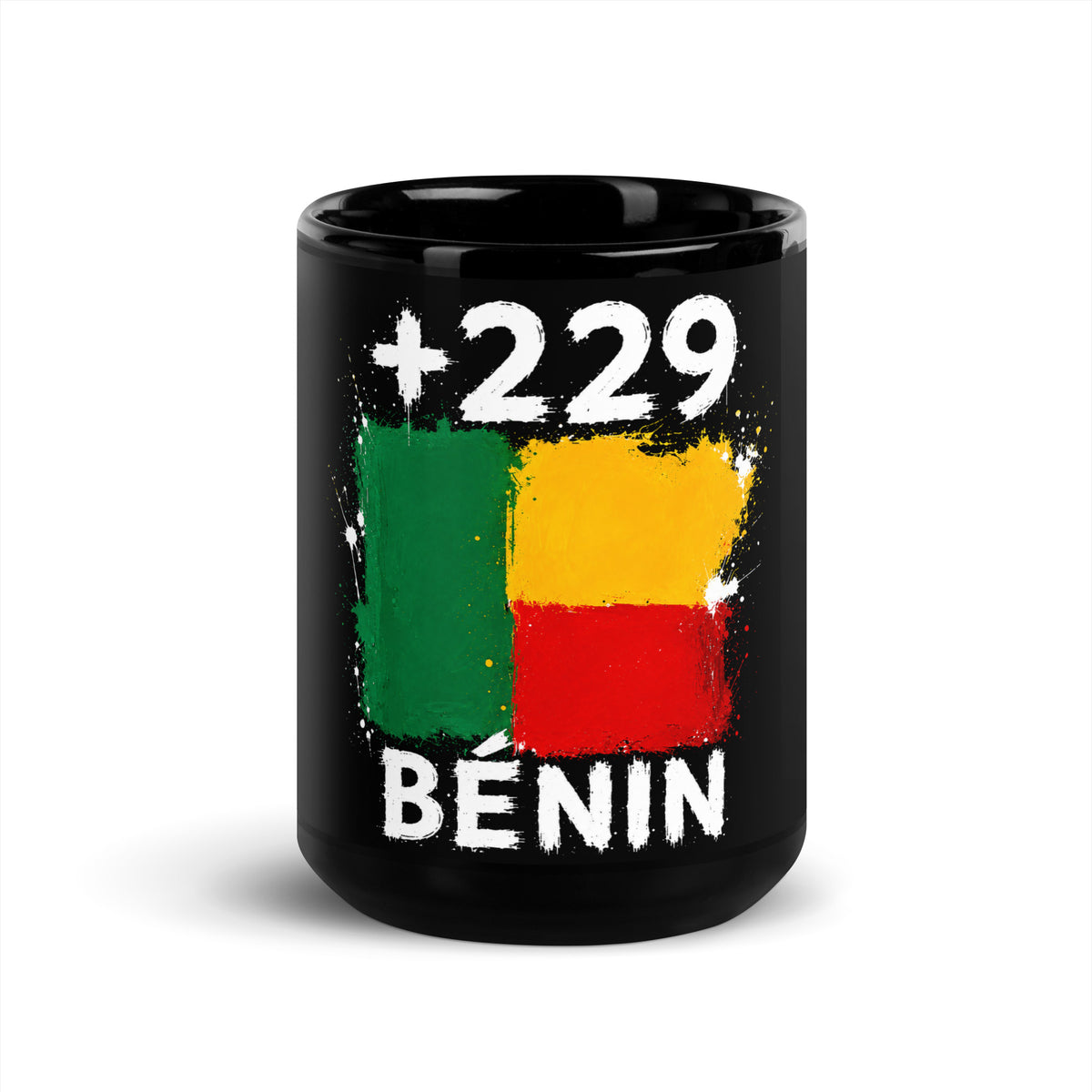 Mug Bénin +229 - Noir avec drapeau floqué effet éclaboussure de peinture - vue de face - Indicatif Fier