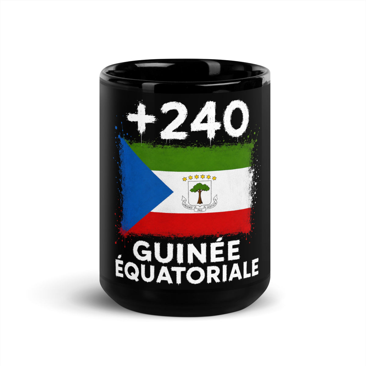Mug Guinée Équatoriale +240 - Noir avec drapeau floqué effet éclaboussure de peinture - vue de face - Indicatif Fier