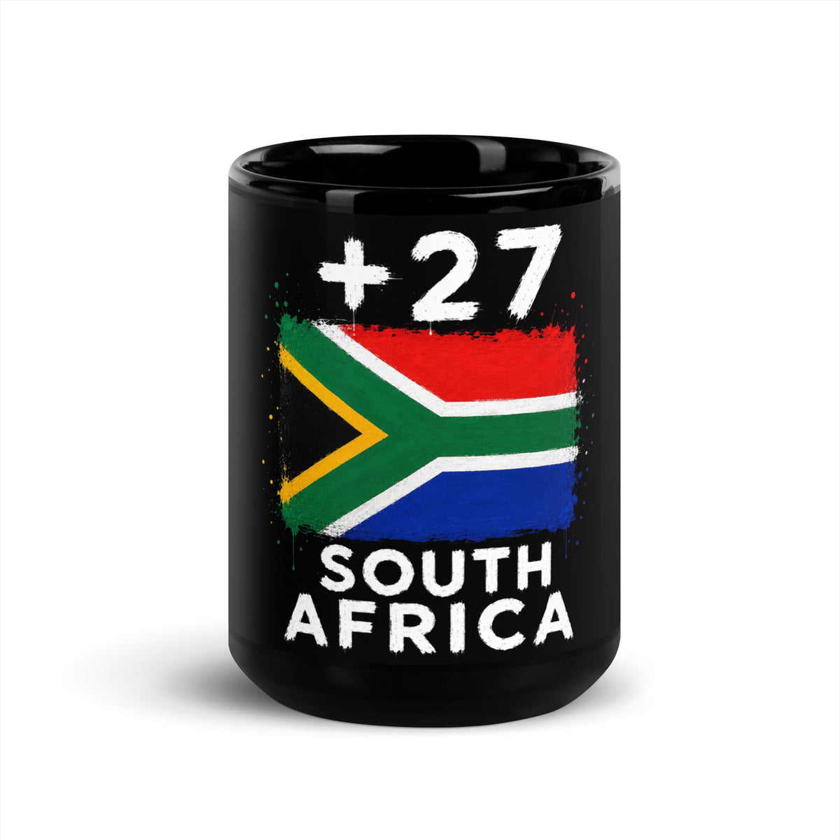 Mug Afrique du Sud +27 - Noir avec drapeau floqué effet éclaboussure de peinture - vue de face - Indicatif Fier