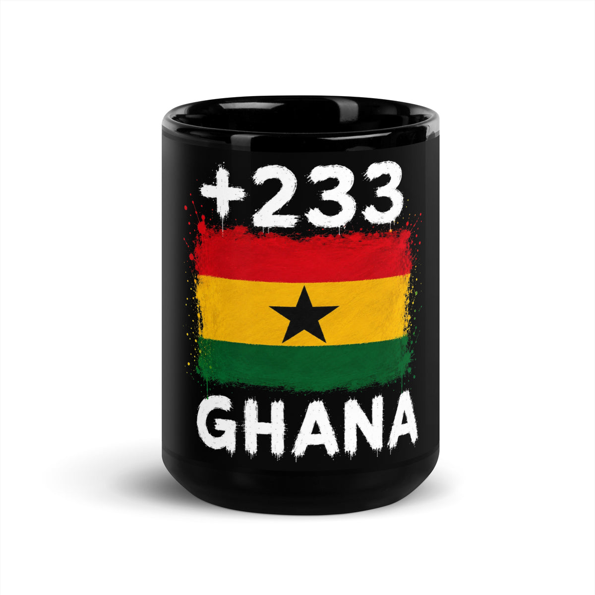 Mug Ghana +233 - Noir avec drapeau floqué effet éclaboussure de peinture - vue de face - Indicatif Fier