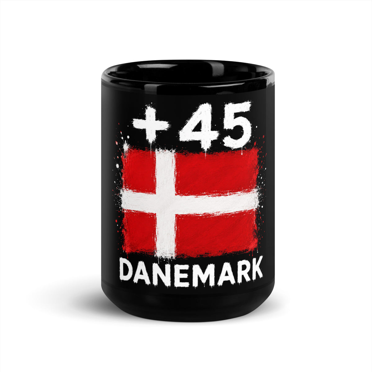 Mug Danemark +45 - Noir avec drapeau floqué effet éclaboussure de peinture - vue de face - Indicatif Fier