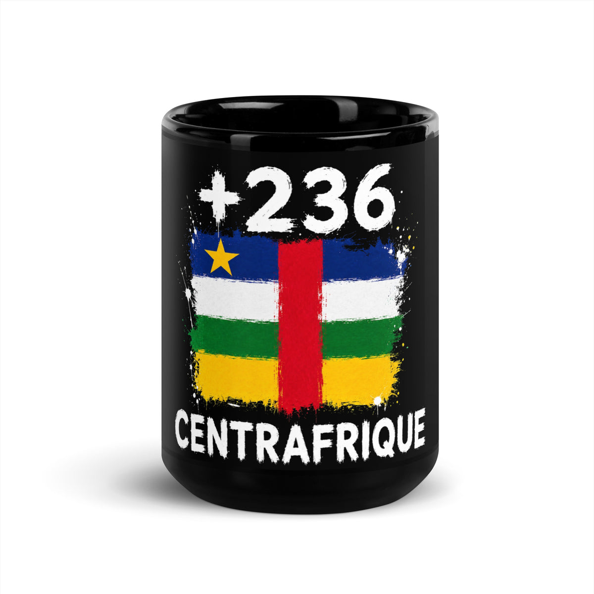 Mug Centrafrique +236 - Noir avec drapeau floqué effet éclaboussure de peinture - vue de face - Indicatif Fier