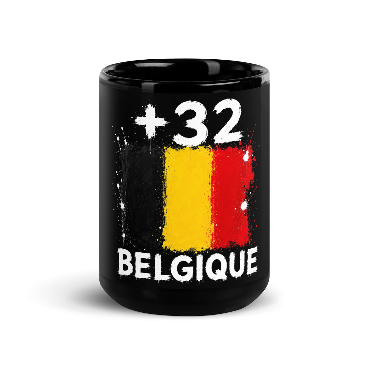 Mug Belgique +32 - Noir avec drapeau floqué effet éclaboussure de peinture - vue de face - Indicatif Fier