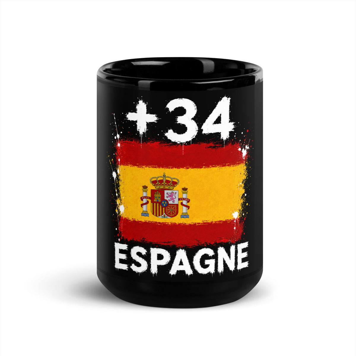 Mug Espagne +34 - Noir avec drapeau floqué effet éclaboussure de peinture - vue de face - Indicatif Fier