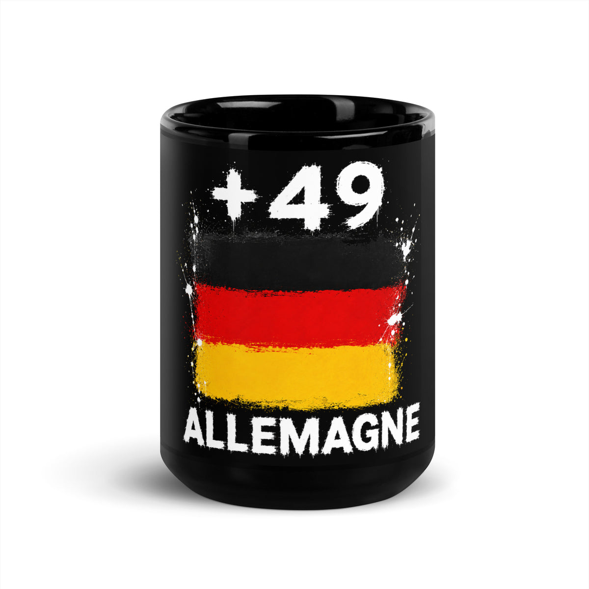 Mug Allemagne +49 - Noir avec drapeau floqué effet éclaboussure de peinture - vue de face - Indicatif Fier
