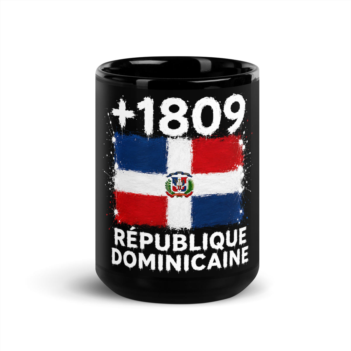 Mug République Dominicaine +1809 - Noir avec drapeau floqué effet éclaboussure de peinture - vue de face - Indicatif Fier