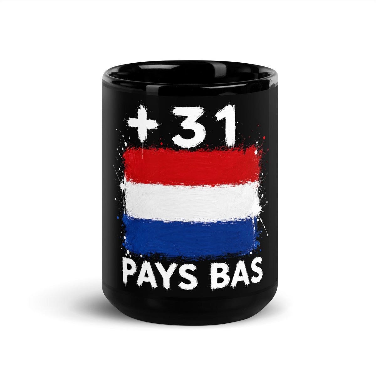 Mug Pays Bas +31 - Noir avec drapeau floqué effet éclaboussure de peinture - vue de face - Indicatif Fier