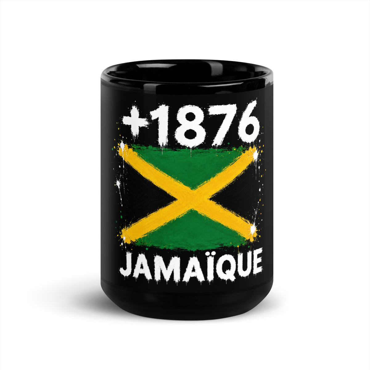 Mug Jamaïque +1876 - Noir avec drapeau floqué effet éclaboussure de peinture - vue de face - Indicatif Fier