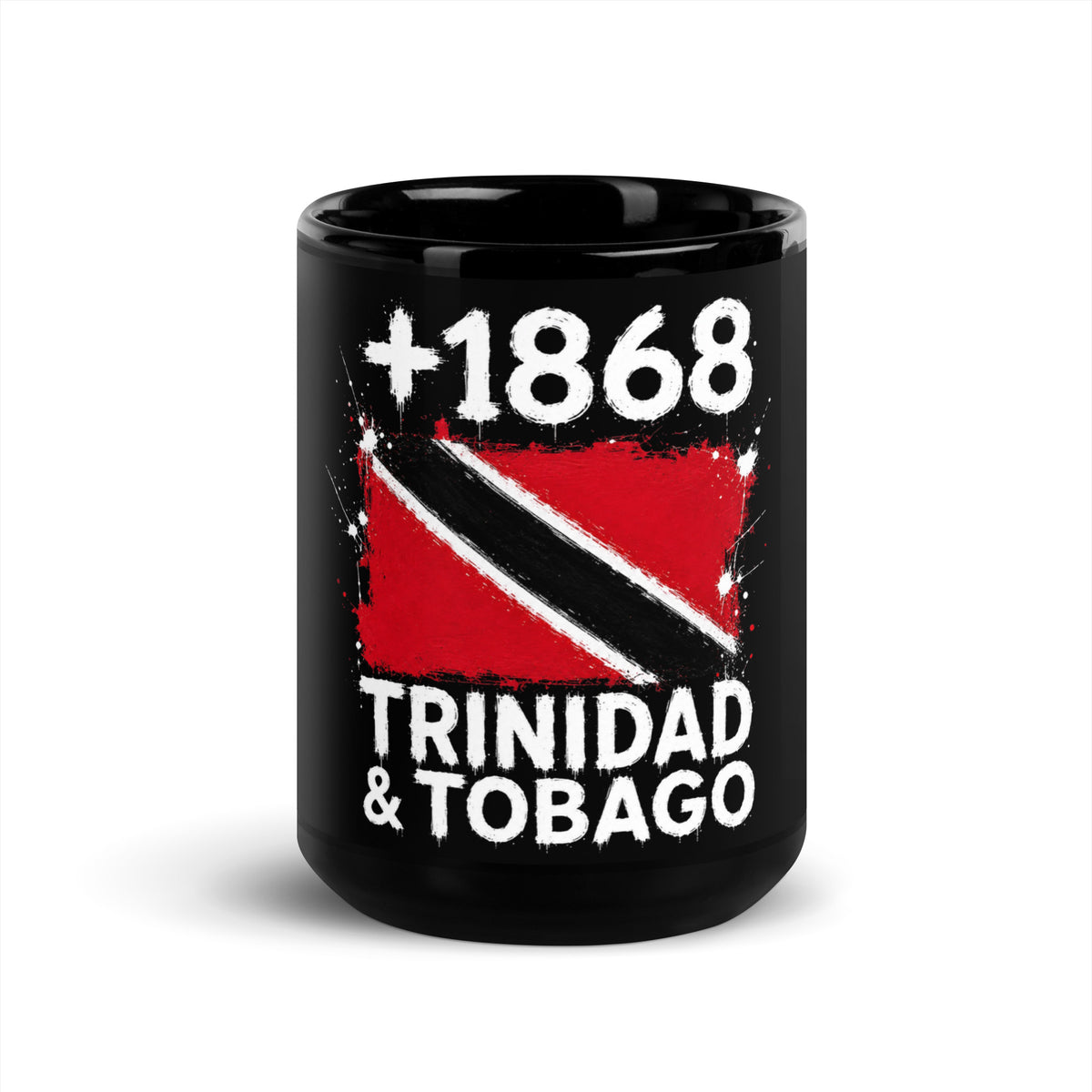 Mug Trinidad & Tobago +1868 - Noir avec drapeau floqué effet éclaboussure de peinture - vue de face - Indicatif Fier